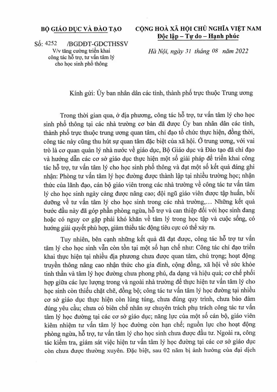 Cv 4252 BgdĐt Gdcthssv 1